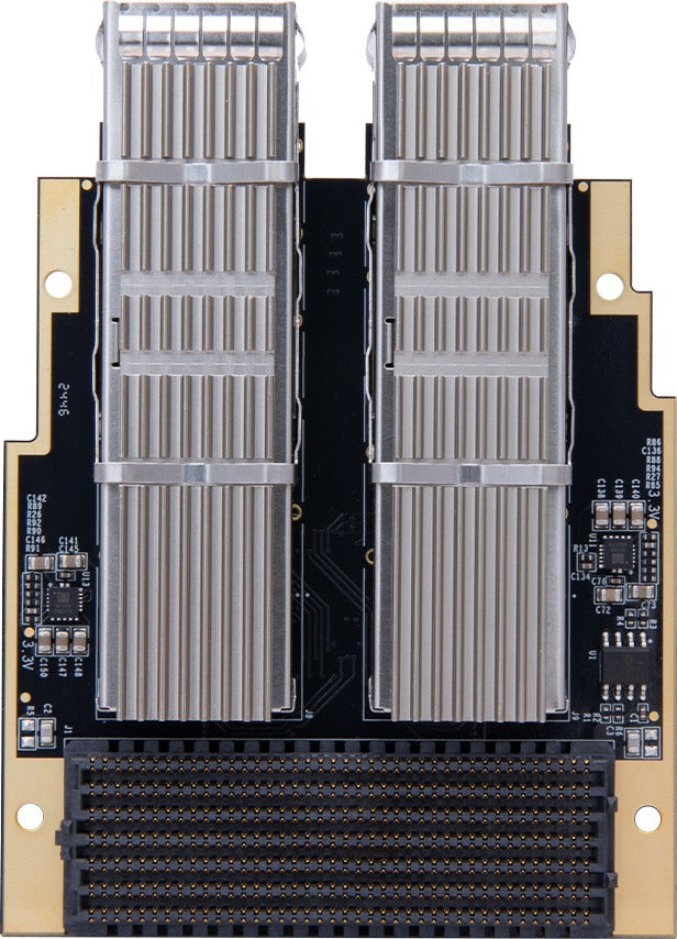 ADK-2516 FMC+ module front view with two QSFP-DD cages and FMC+ connector