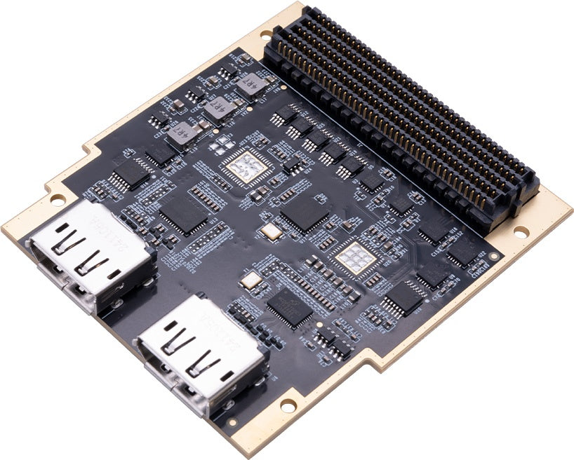 ADK-6141 DisplayPort 1.4 FMC HPC module angled view showing the two DisplayPort connectors and the FMC HPC connector