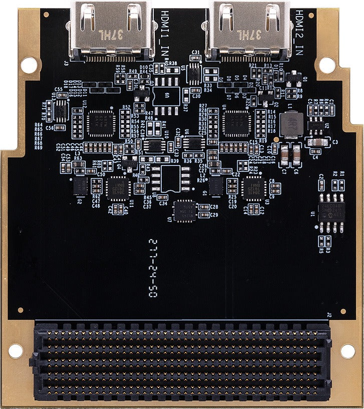 ADK-7622 FMC HPC module top view with two HDMI 2.1 input ports and FMC connector