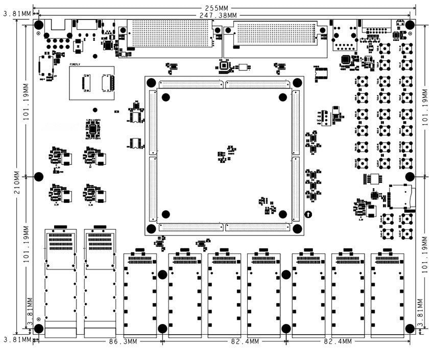 ADK-VU13G development board dimension diagram, 255 mm x 210 mm