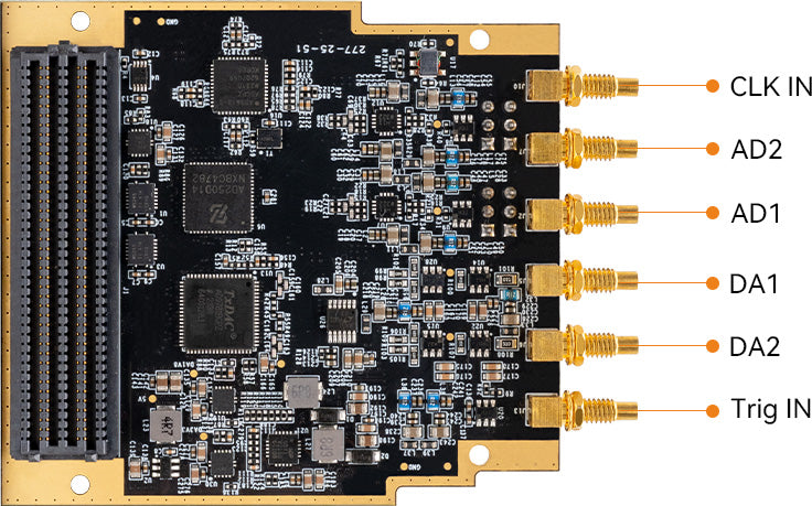 ADK-1414 FMC AD/DA module interface diagram: CLK IN, AD2, AD1, DA1, DA2, Trig IN