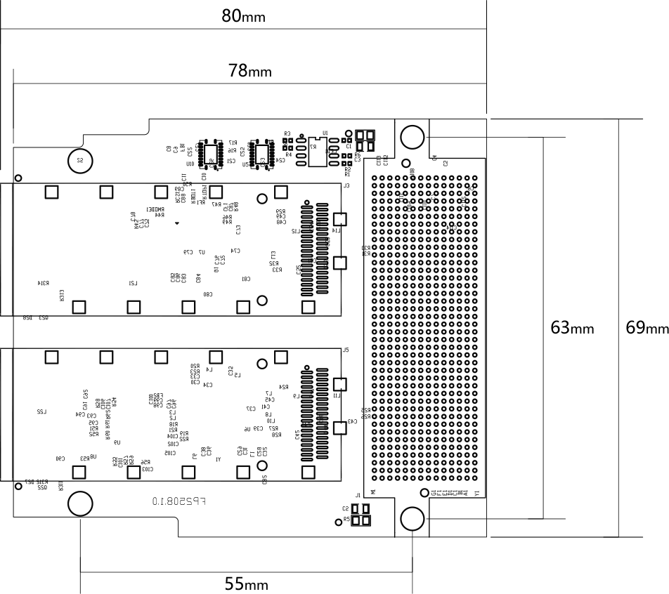 ADK-2508 FMC+ module dimension diagram, 78 mm by 69 mm