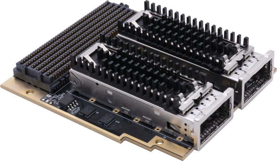 ADK-2508 FMC+ module angled view showing the QSFP28 ports with heatsinks and the FMC+ connector