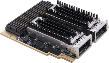 ADK-2508 FMC+ module angled view showing the QSFP28 ports with heatsinks and the FMC+ connector