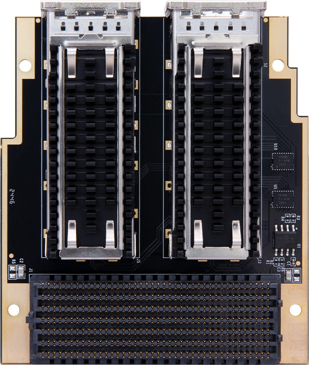 ADK-2508 FMC+ module front view with two QSFP28 cages and FMC+ connector
