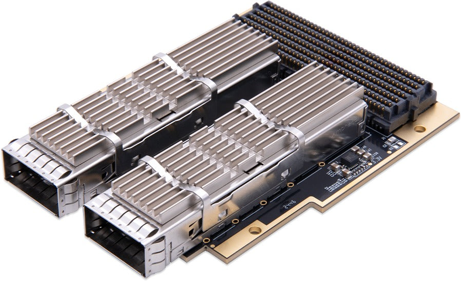 ADK-2516 FMC+ module angled view showing the QSFP-DD ports and FMC+ connector