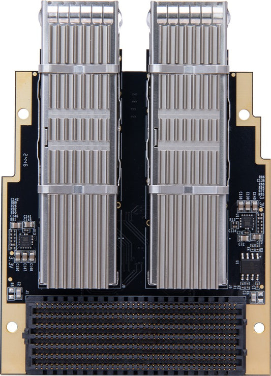 ADK-2516 FMC+ module front view with two QSFP-DD cages and FMC+ connector