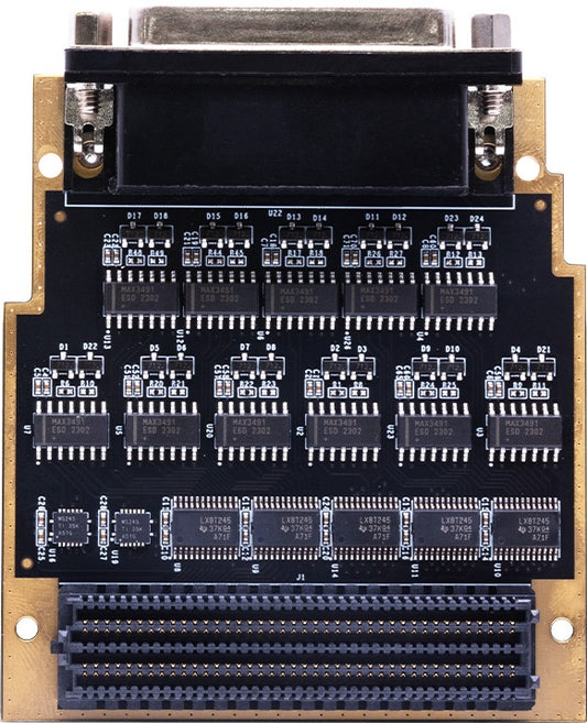 ADK-3491 FMC LPC module front view with DB44 connector and MAX3491ESD transceiver chips