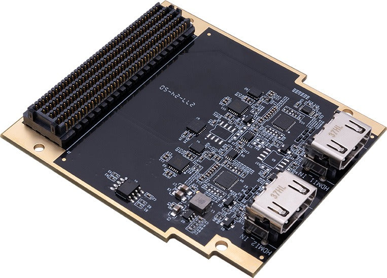 ADK-7622 FMC HPC module angled view showing the FMC connector and two HDMI input ports