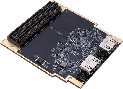 ADK-7622 FMC HPC module angled view showing the FMC connector and two HDMI input ports