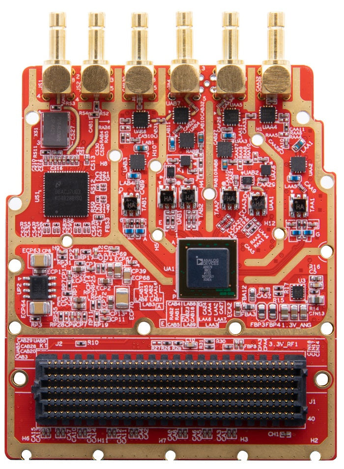 ADK-9000 wideband RF transceiver FMC HPC module front view with six gold SMB connectors and FMC HPC connector
