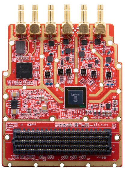 ADK-9000 wideband RF transceiver FMC HPC module front view with six gold SMB connectors and FMC HPC connector