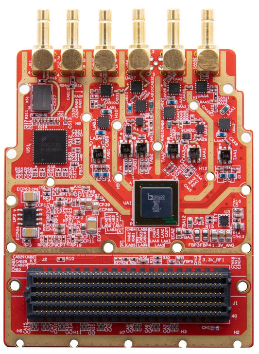 ADK-9000 wideband RF transceiver FMC HPC module front view with six gold SMB connectors and FMC HPC connector