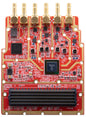 ADK-9000 wideband RF transceiver FMC HPC module front view with six gold SMB connectors and FMC HPC connector