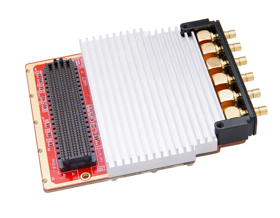 ADK-9000 wideband RF transceiver FMC HPC module fitted with heatsink, angled view