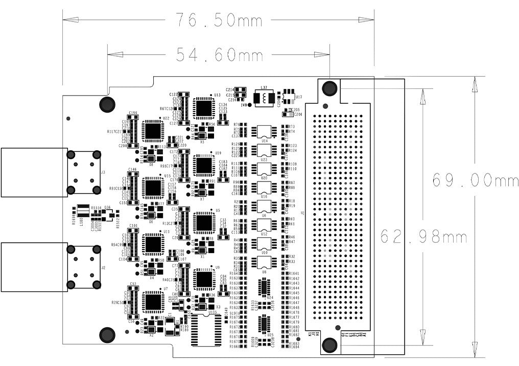 ADK-9530 FMC HPC module dimension diagram, 76.5 mm by 69 mm