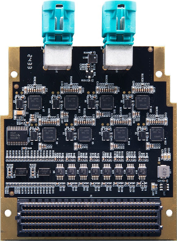 ADK-9530 FMC HPC module front view with two 4-in-1 FAKRA connector blocks and FMC connector