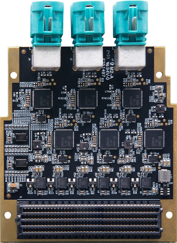 ADK-9540 12-channel FPD-Link III FMC HPC module front view with three Mini FAKRA connectors and FMC HPC connector