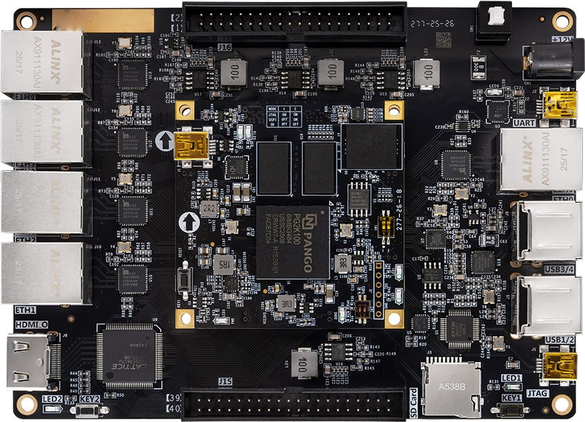 ADK-K101 Pango Kosmo-2 SoPC development board front view with K101 core board and five Ethernet ports