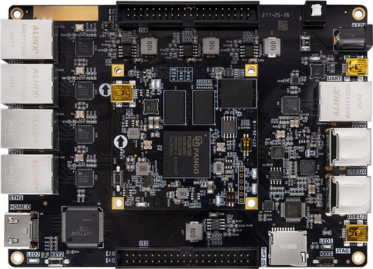 ADK-K101 Pango Kosmo-2 SoPC development board front view with K101 core board and five Ethernet ports