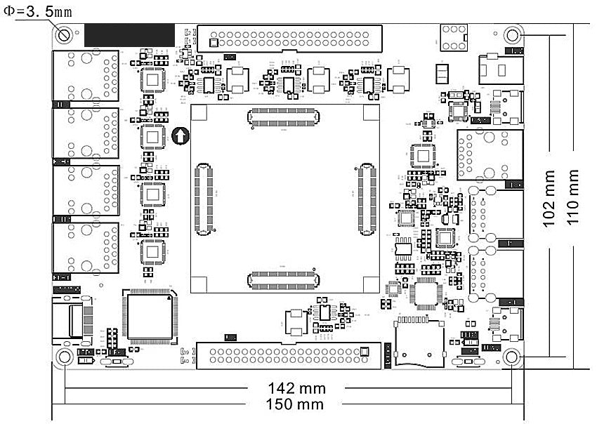 ADK-K101 carrier board dimension diagram, 150 mm by 110 mm