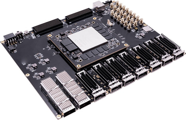 ADK-VU13G Virtex UltraScale+ FPGA development board, angled view